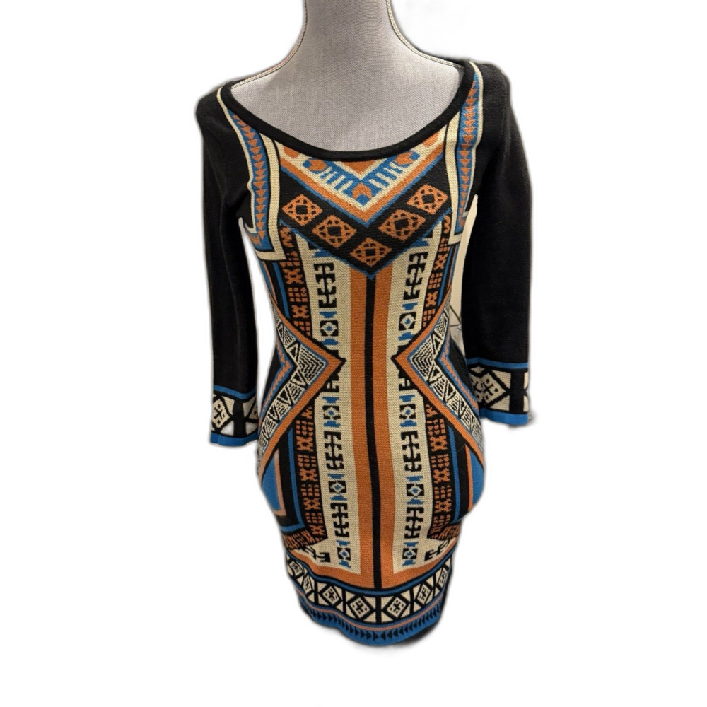Women’s Small Geometric Aztec Sweater Knit Mini Dress Black Blue Orange